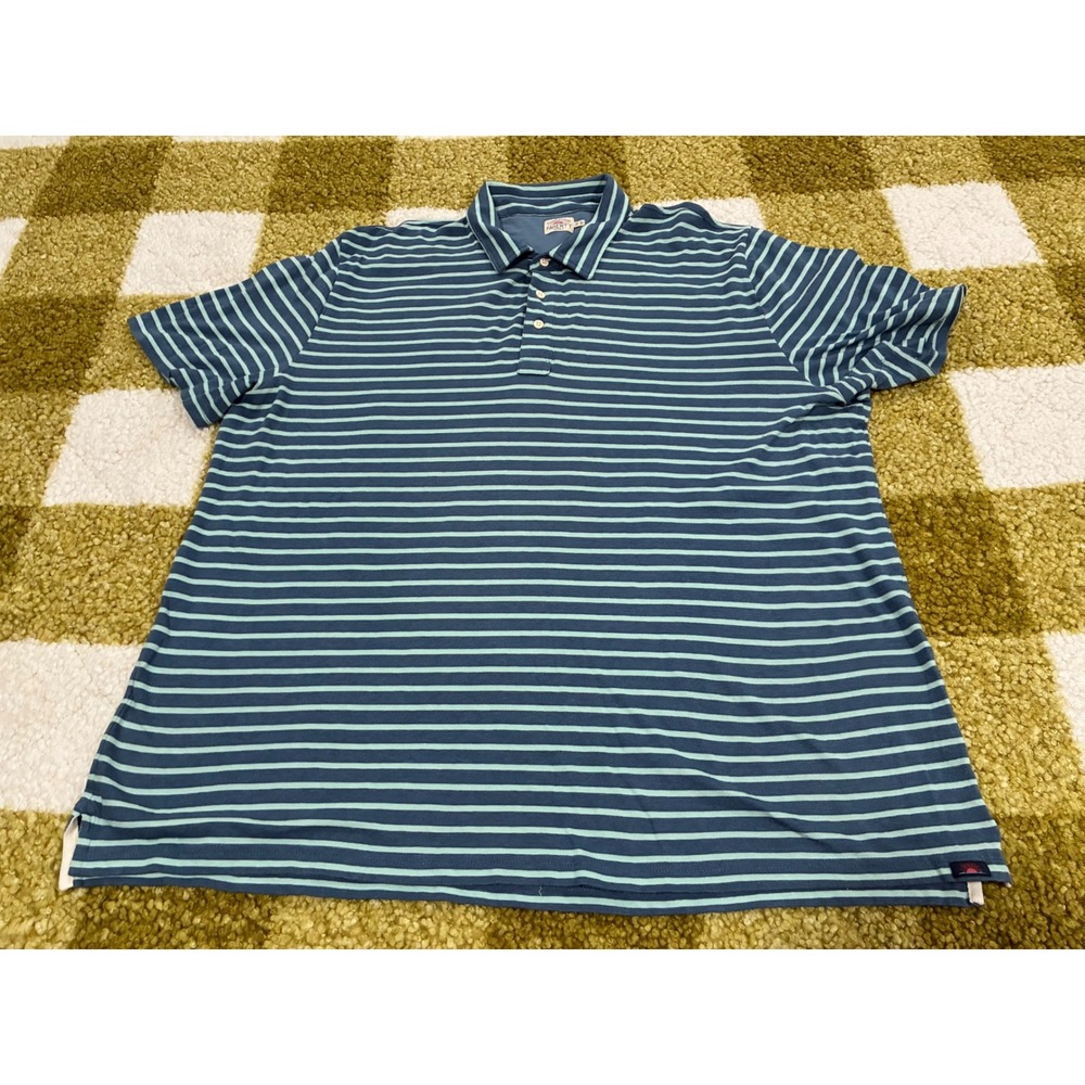 Faherty Brand Mens XXL Blue Green Striped Short Sleeve Cotton Polo Shirt